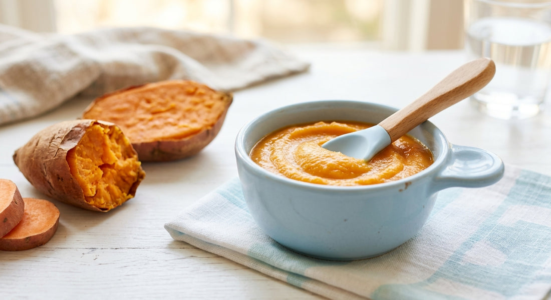 Puree de patate douce orange dans un bol avec cuillere bébé