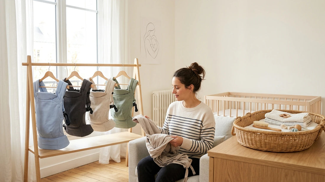 Femme triant un tissu beige, porte-bébés colorés sur un portant en bois, berceau.