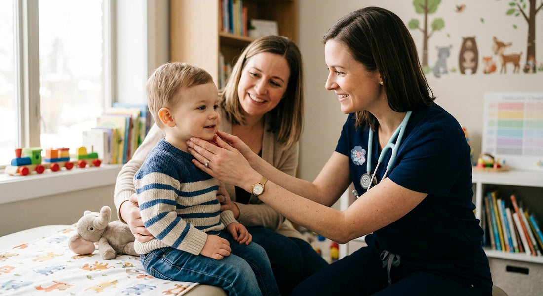 Medecin palpant les glandes parotides d un enfant en consultation