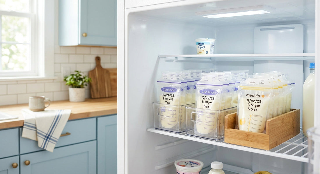 Sachets de lait maternel etiquetes ranges dans un refrigerateur | Securidou
