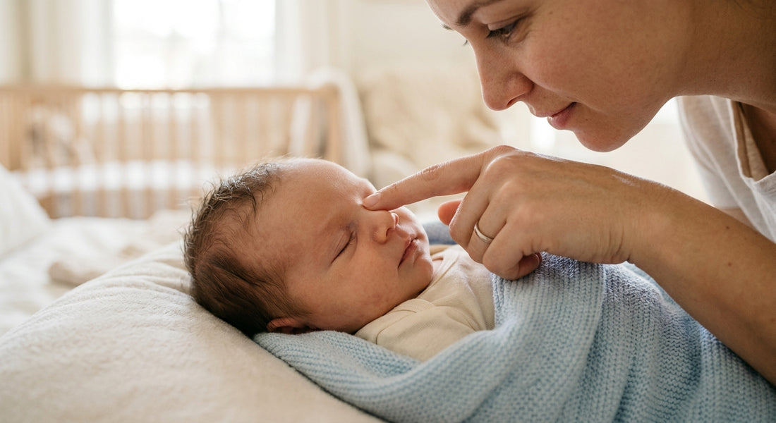 Parent massant delicatement le coin de l oeil de bébé pour deboucher le canal lacrymal
