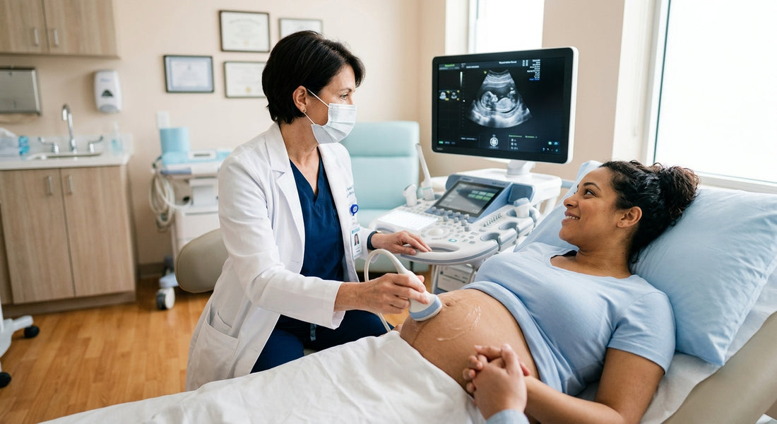 Medecin realisant une echographie sur une femme enceinte