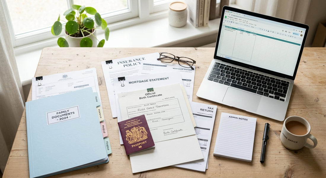 Documents familiaux, passeport, acte de naissance et ordinateur portable sur une table en bois.