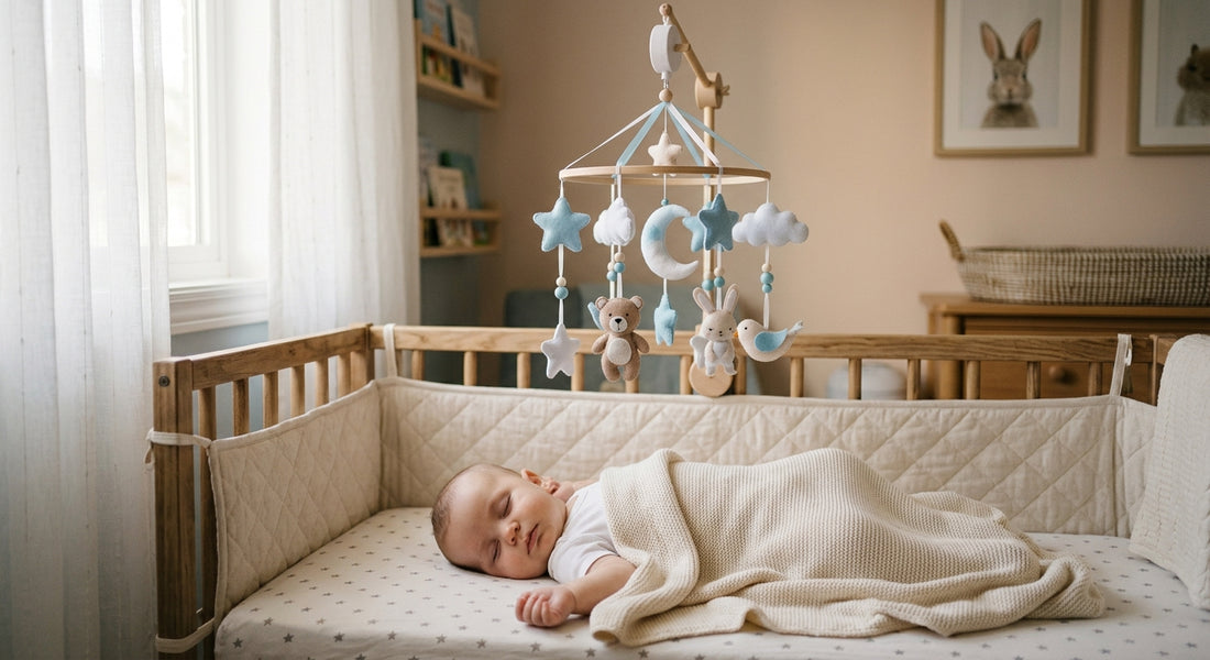 Mobile musical au-dessus d un berceau avec bébé endormi