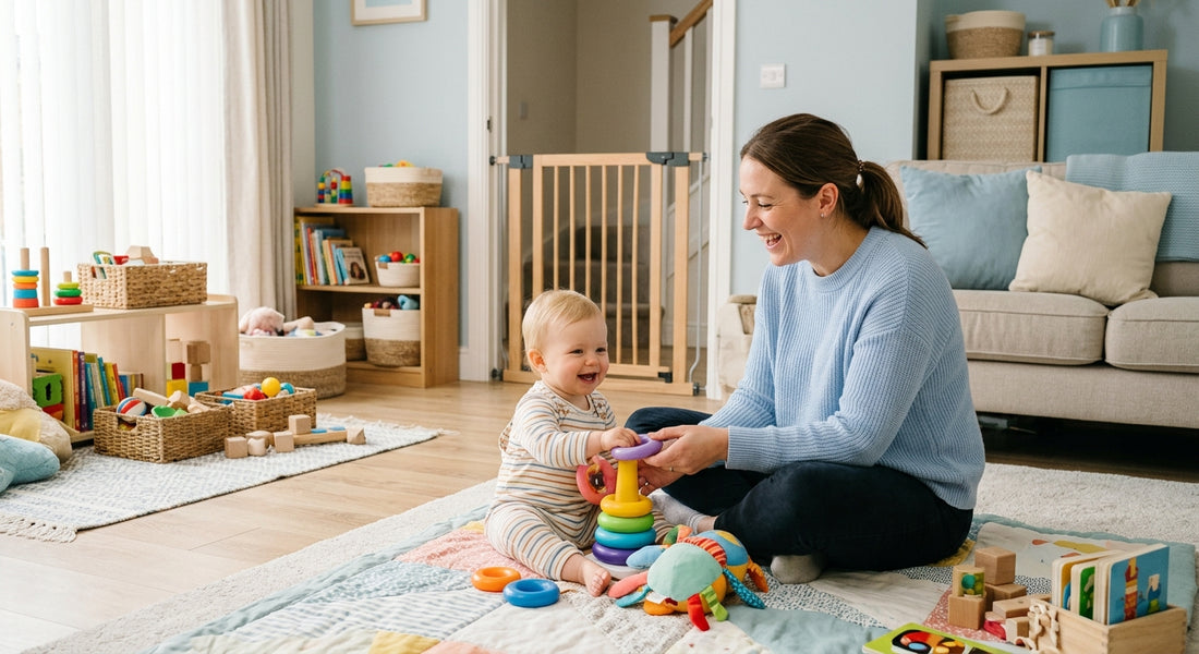 Assistante maternelle jouant avec un bébé dans un salon sécurisé — Securidou