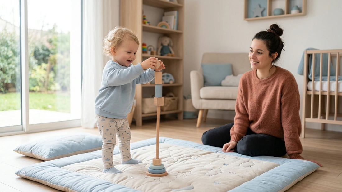 Bébé souriant empile des blocs en bois, sa maman le regarde attentivement sur un tapis de jeu.
