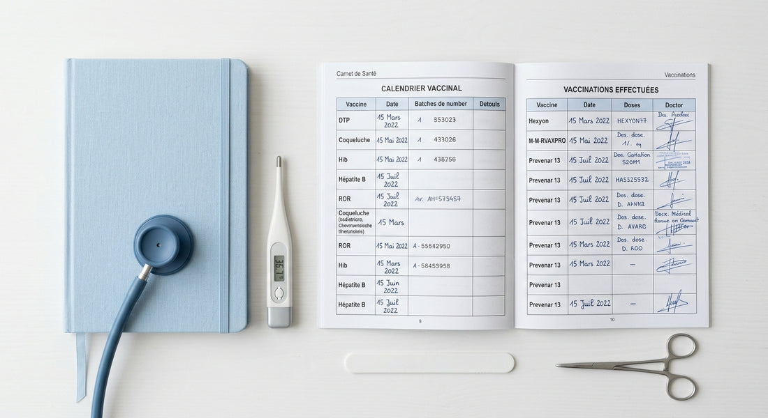 Carnet de sante ouvert sur la page vaccination avec un stethoscope