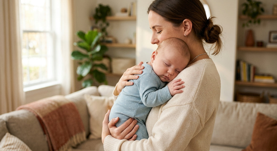 Parent berçant doucement son bébé endormi contre son epaule