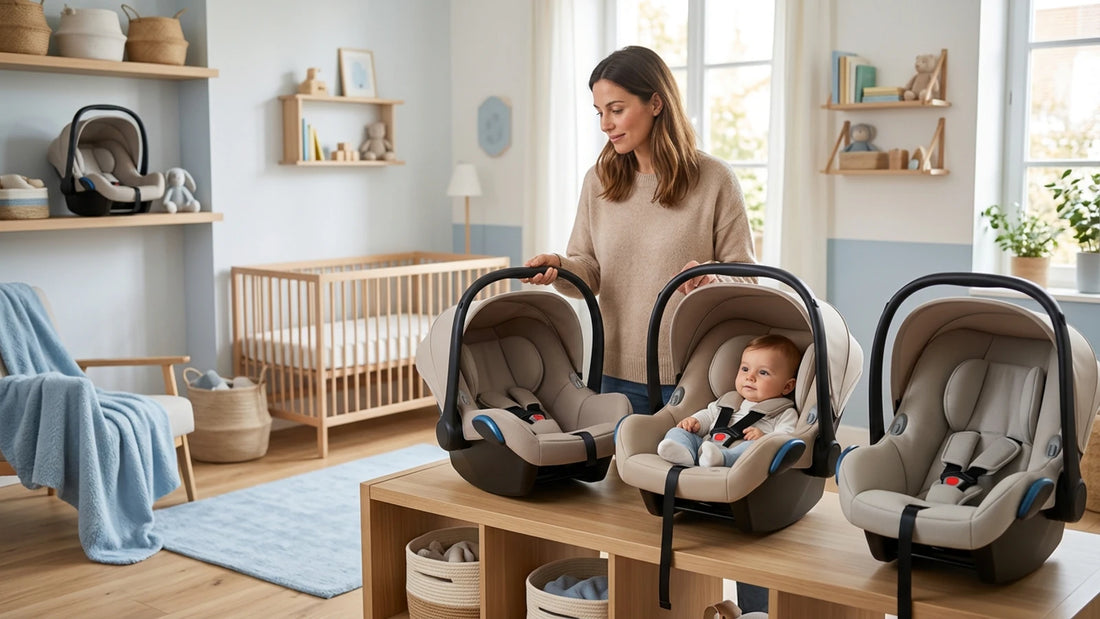 Maman comparant trois sièges auto bébé Groupe 0 dans une chambre d'enfant lumineuse.