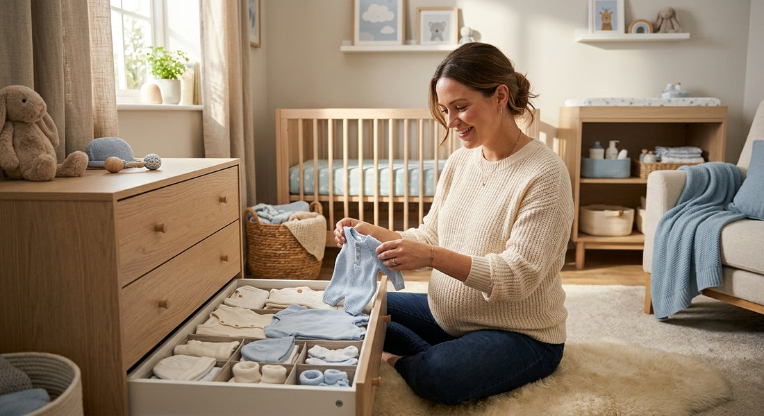 Femme enceinte organisant des tiroirs de vetements bébé