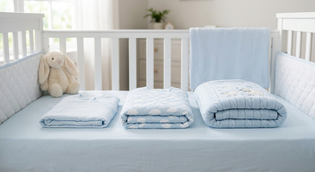 Trois gigoteuses de differentes epaisseurs pliees sur un lit bébé