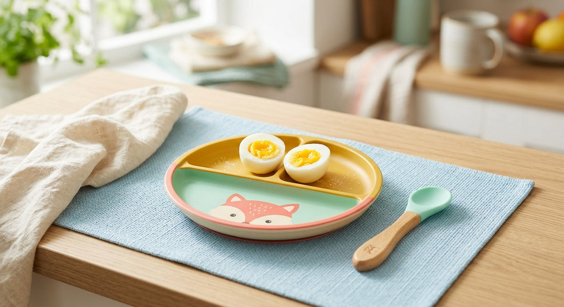 Oeuf dur coupe en deux avec jaune visible sur une assiette bébé coloree