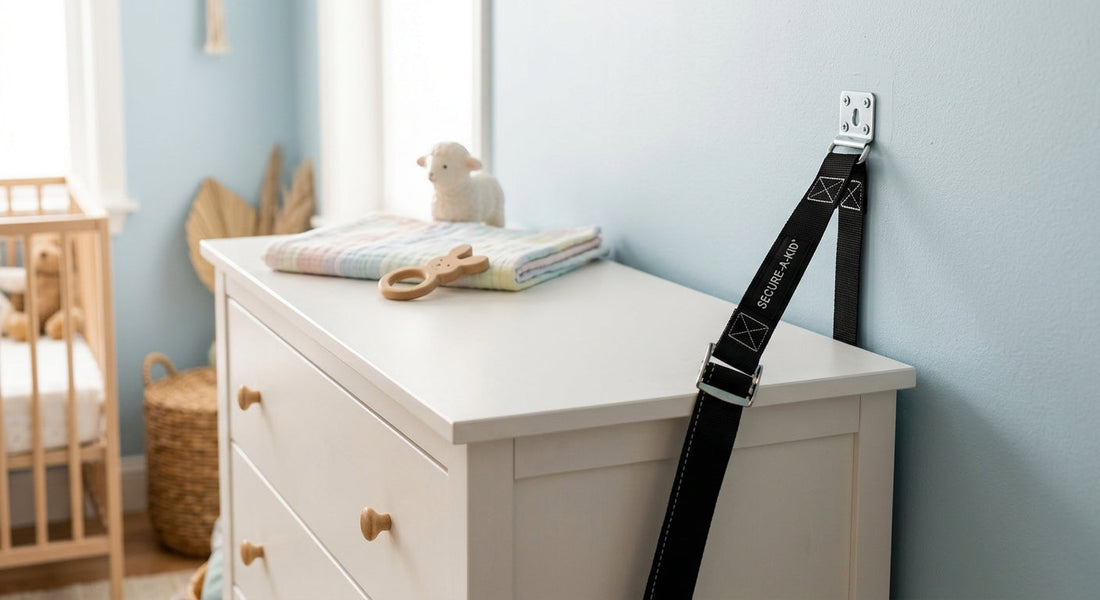 Sangle anti-basculement fixant une commode au mur dans une chambre bébé | Securidou