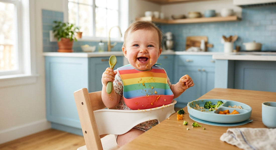 Bébé portant un bavoir en silicone colore pendant un repas de diversification | Securidou