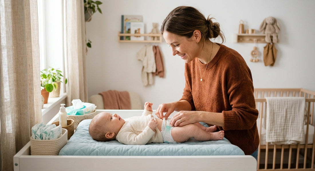 Parent changeant la couche de bébé sur une table a langer propre