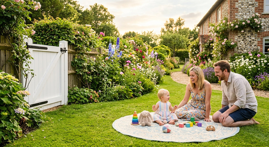 Jardin familial sécurisé avec portail ferme et aire de jeux pour bébé — Securidou