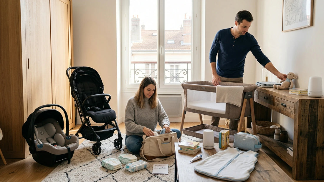 Couple préparant affaires de bébé : femme range sac, homme organise lit et doudou.