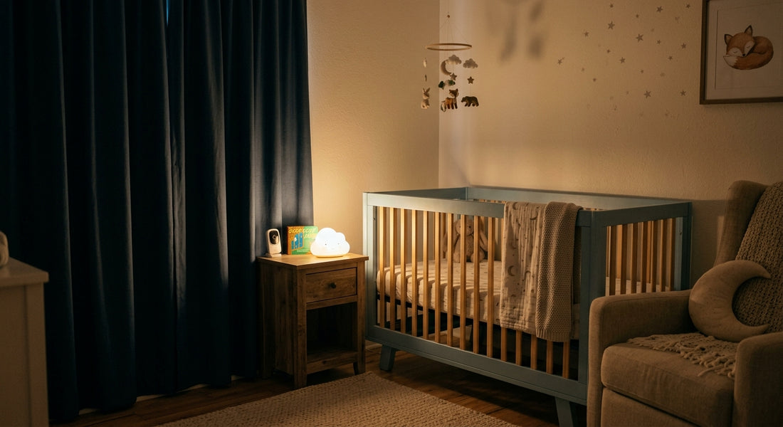Chambre bébé avec rideaux occultants fermes et veilleuse douce