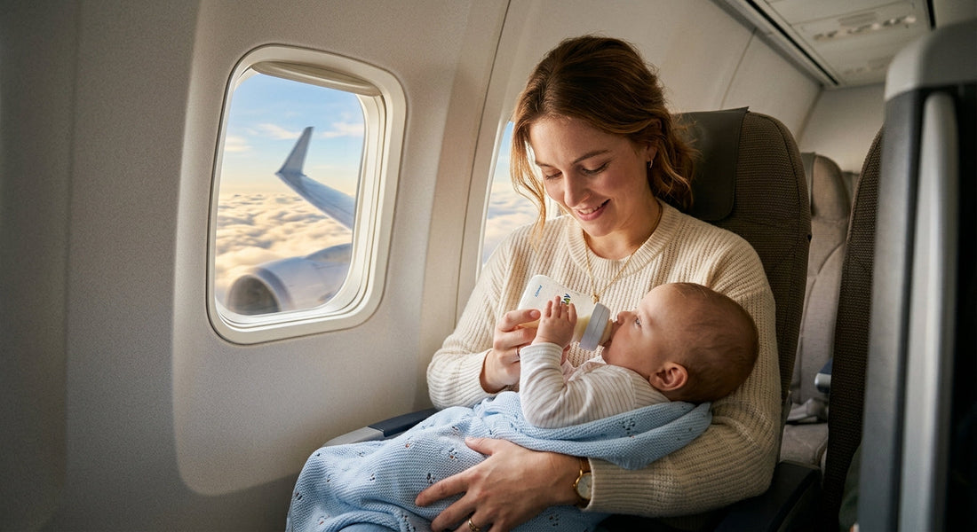 Mere allaitant son bebe pendant le decollage en avion pour soulager les oreilles | Securidou