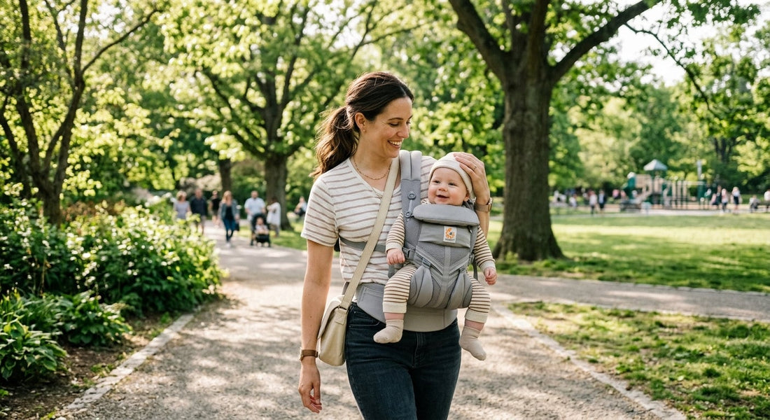 Mère souriante avec bébé dans un porte-bébé physiologique, marchant dans un parc verdoyant.