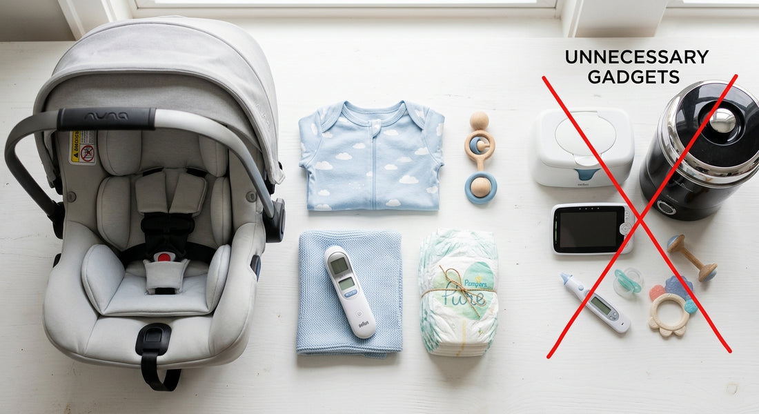 Siège auto, vêtements, couches et thermomètre bébé, avec gadgets barrés.