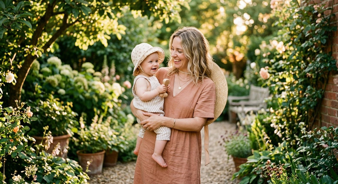 Mère souriante tenant son bébé joyeux dans un jardin ensoleillé, ambiance estivale.