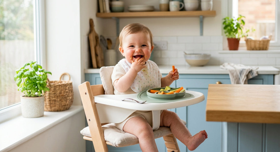 Bébé mangeant des batonnets de legumes dans sa chaise haute — Securidou