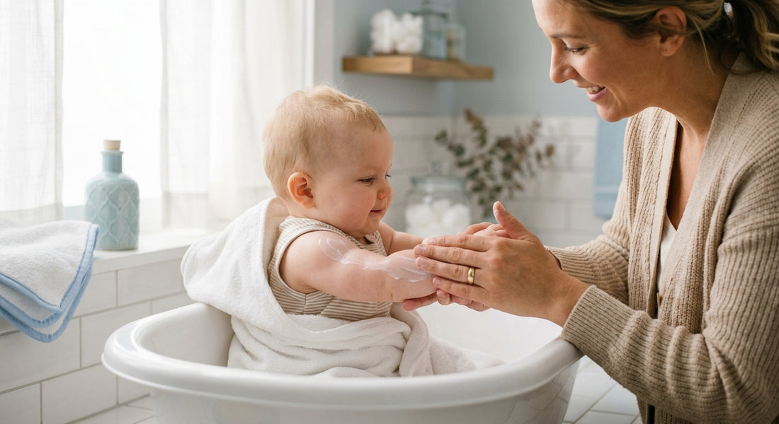 Parent appliquant une lotion apaisante sur le bras de son bébé — Securidou