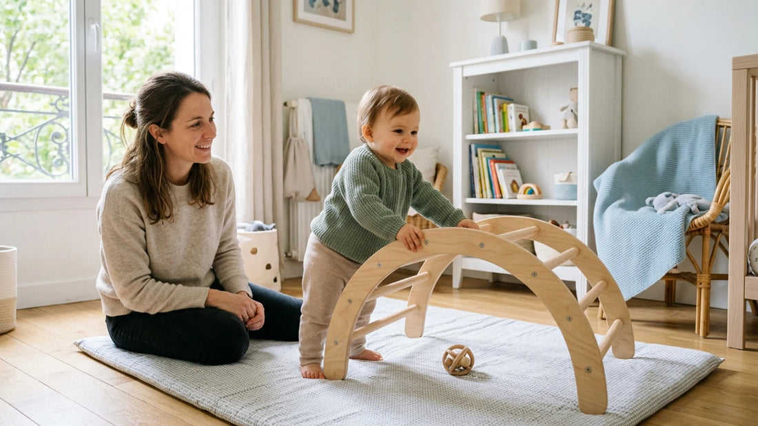 Mère et bébé souriants jouant avec un portique d'éveil en bois sur un tapis clair.