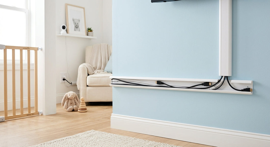 Cables électriques ranges dans une goulotte murale hors de portee de bébé | Securidou
