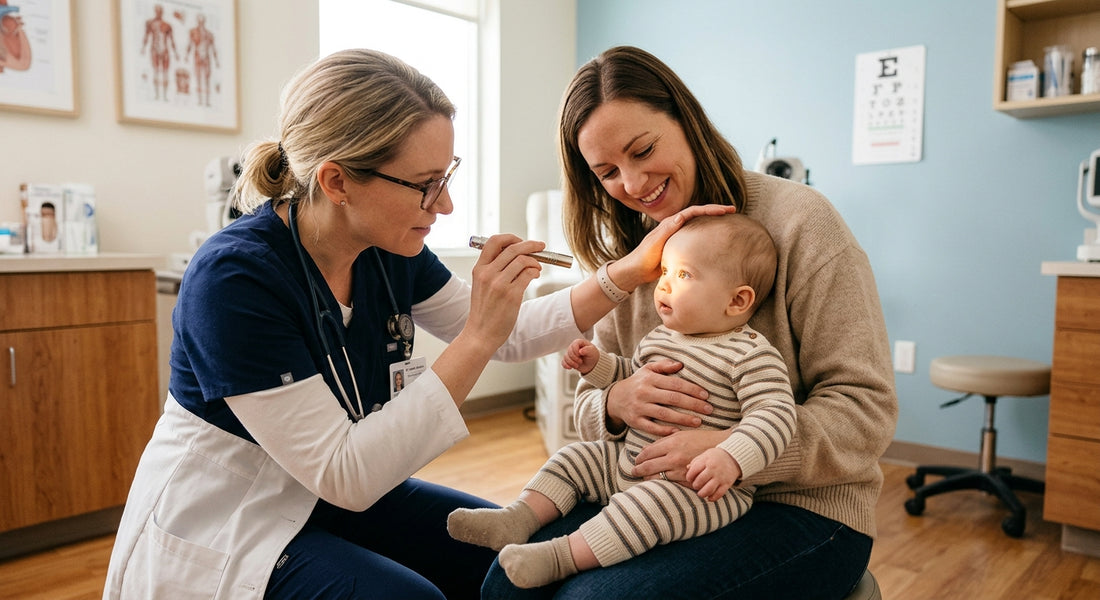Ophtalmologue examinant les yeux d'un bébé avec une lumière douce pour dépister un strabisme