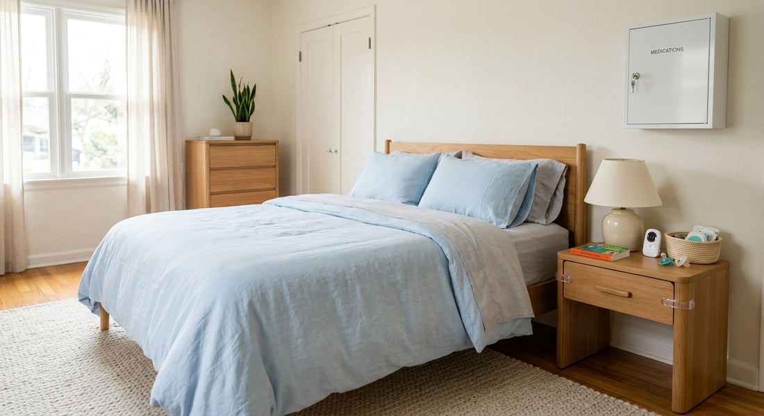 Chambre parentale avec medicaments ranges en hauteur et tiroirs securises
