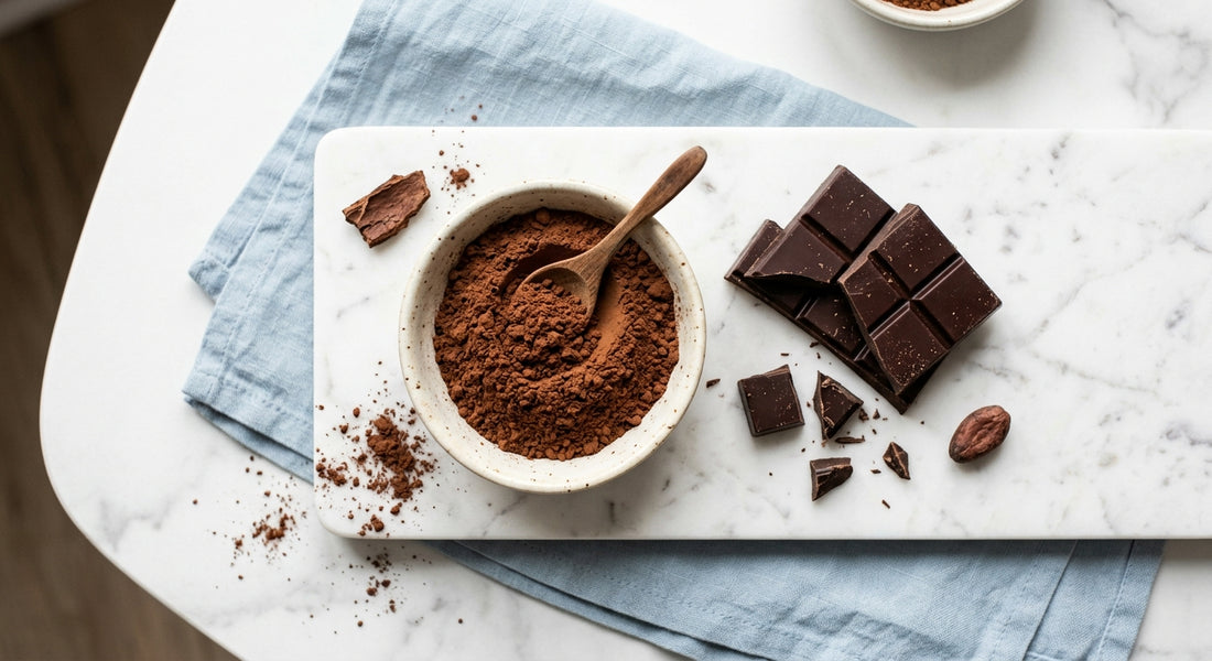 Petit pot de cacao en poudre pur et morceaux de chocolat noir posés sur une table