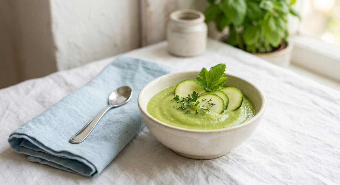 Puree de courgette verte onctueuse dans un bol pour bébé