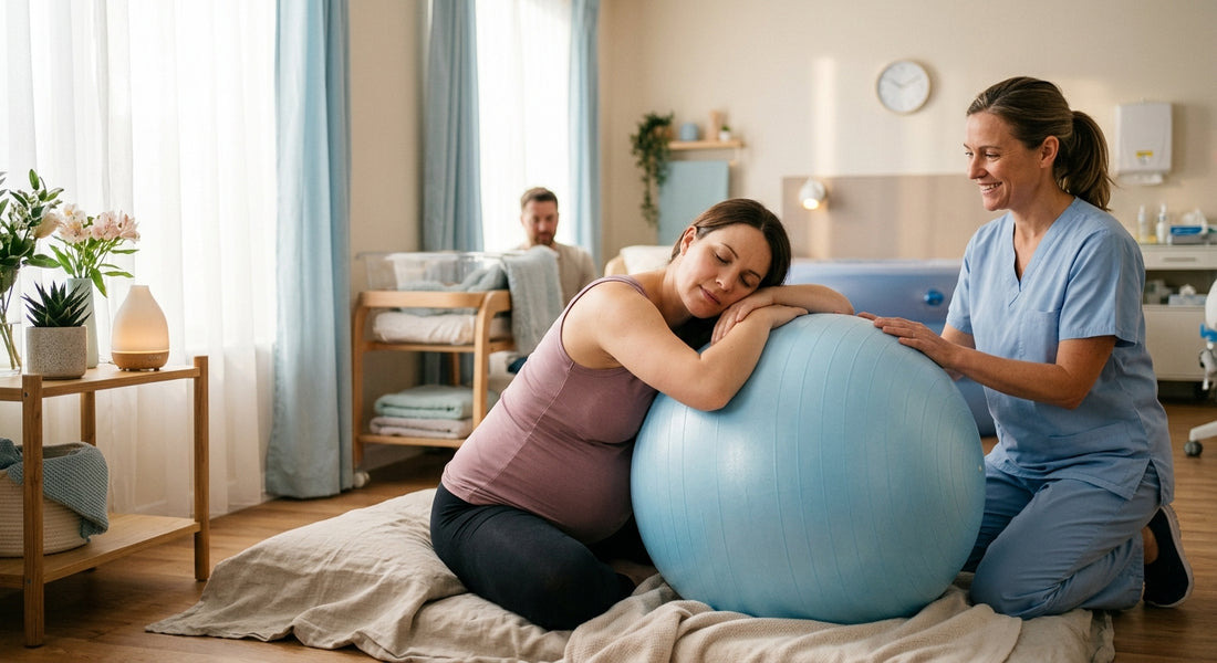 Femme enceinte en position de travail avec ballon de naissance
