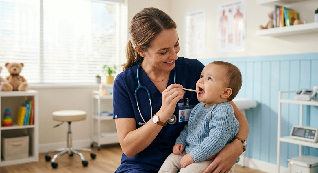 Medecin examinant la gorge de bébé avec un abaisse-langue