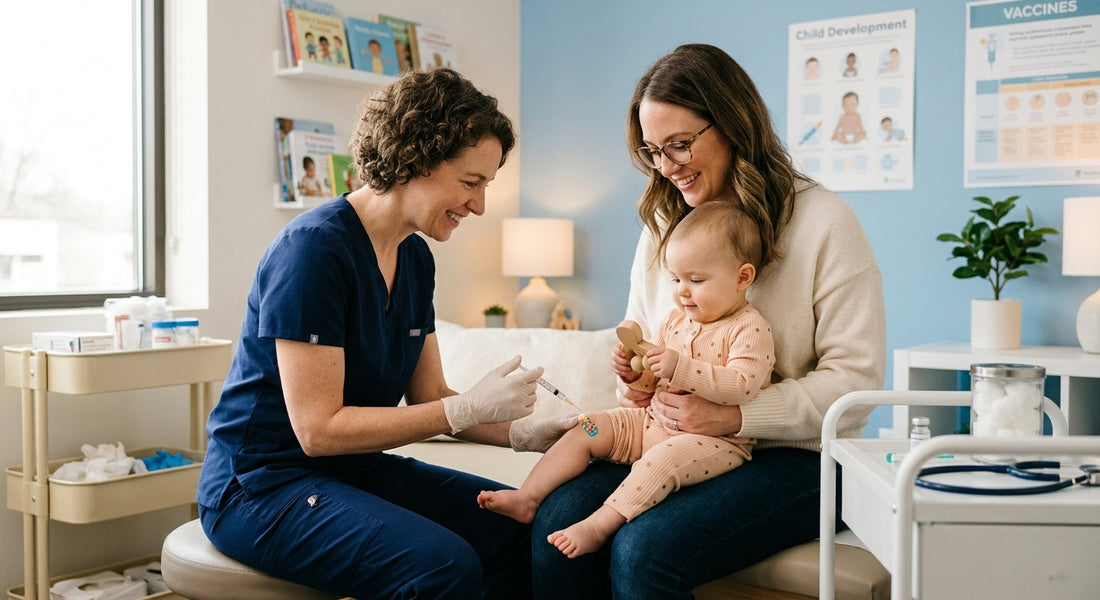 Medecin vaccinant un bébé tenu par sa mere dans un cabinet medical