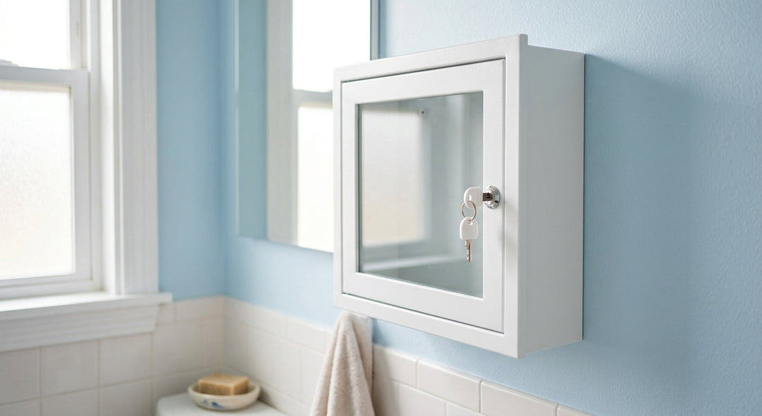 Armoire a pharmacie fermee a cle installee en hauteur dans une salle de bain