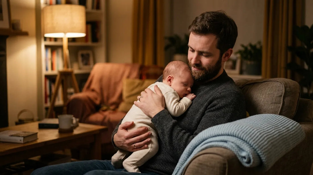 Parent berçant doucement son bébé souffrant de coliques contre son épaule le soir | Securidou