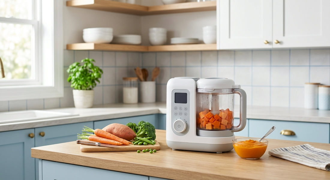 Robot cuiseur bébé sur un plan de travail avec legumes frais