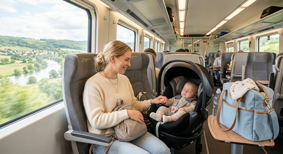 Bébé installe dans un siège auto a bord d un train avec sa mere — Securidou