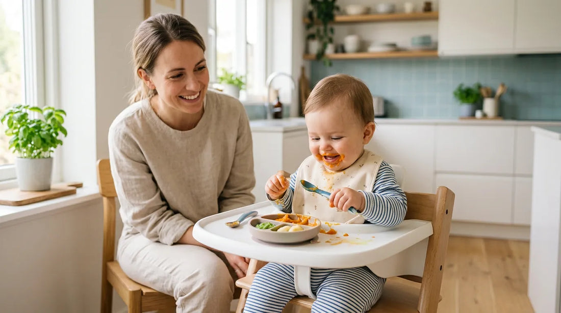 Bébé en chaise haute découvrant ses premiers aliments lors de la diversification alimentaire | Securidou