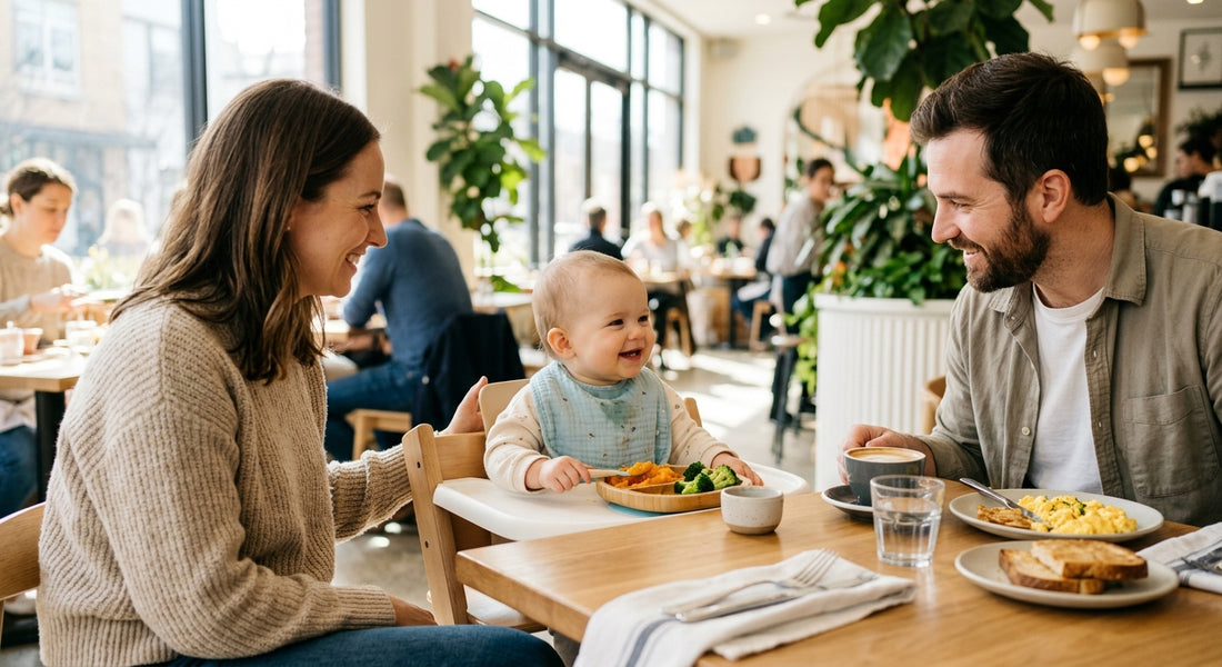 Bébé assis dans une chaise haute de restaurant avec ses parents — Securidou