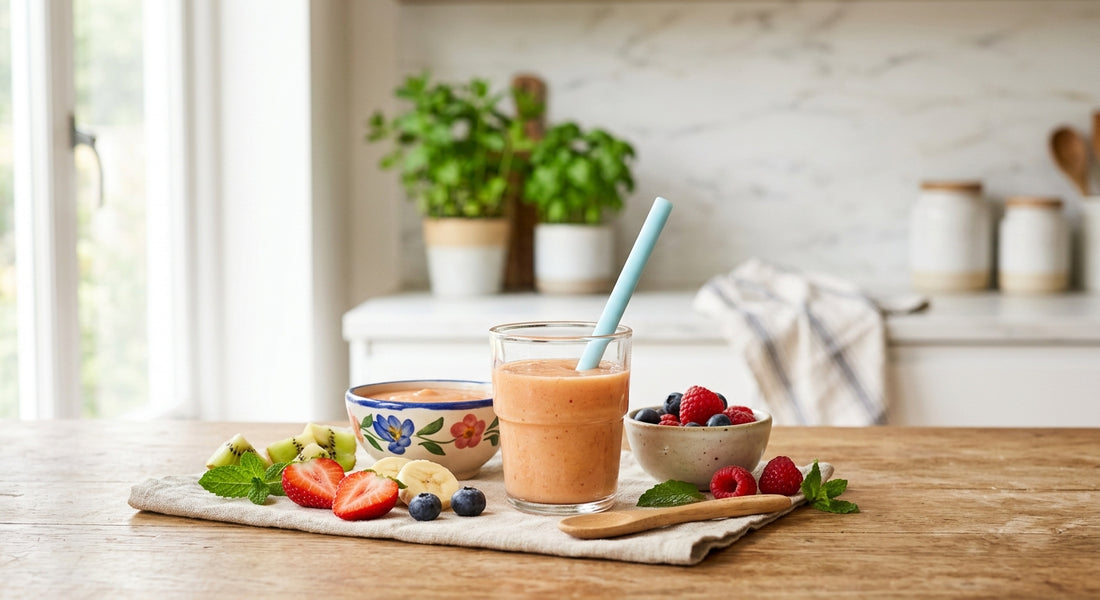 Smoothie colore pour bébé dans un verre avec fruits frais