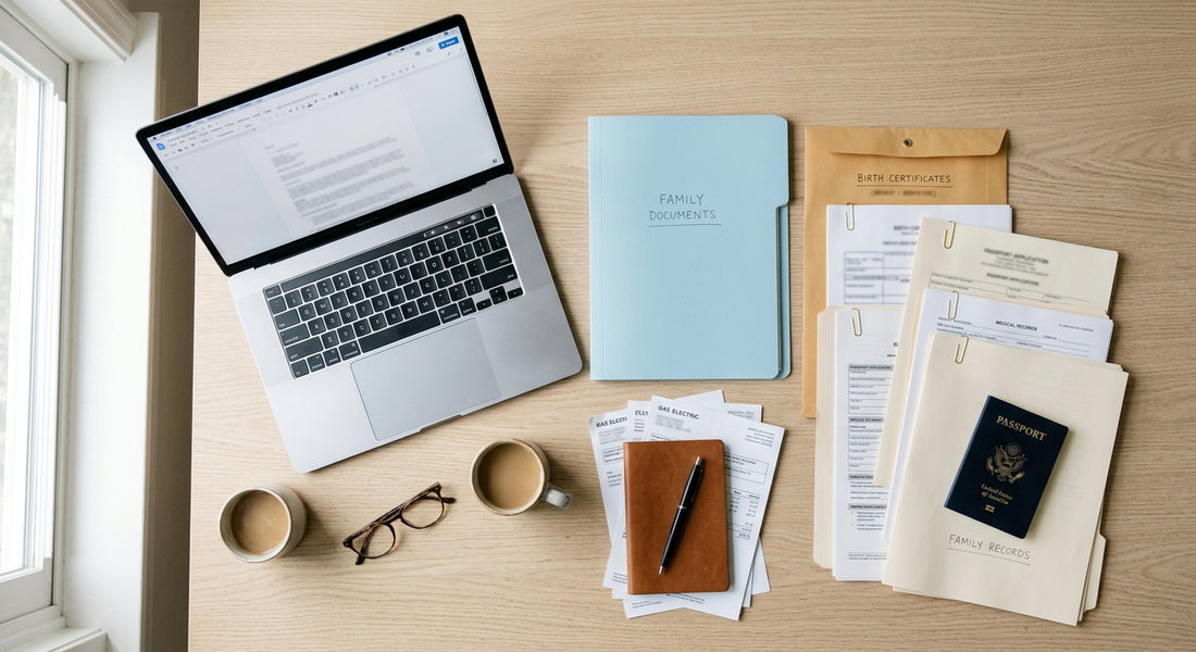 Bureau avec ordinateur, documents familiaux, passeport, tasses de café.