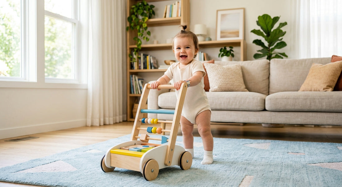 Bébé debout avec un chariot de marche en bois alternatif au youpala | Securidou