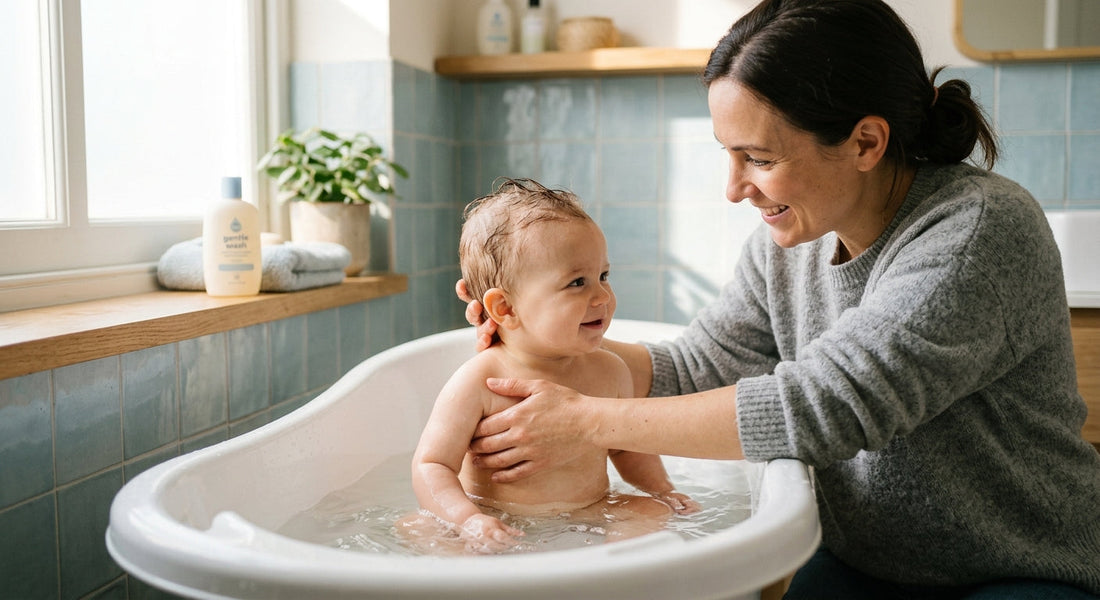 Bébé dans un bain court avec eau tiede pour peau atopique | Securidou