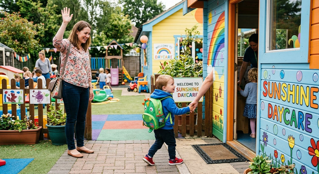 Mère souriante dit au revoir à son enfant entrant dans une crèche colorée, ambiance joyeuse.