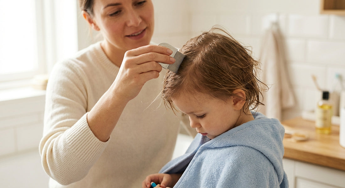 Parent passant un peigne fin anti-poux dans les cheveux de bébé