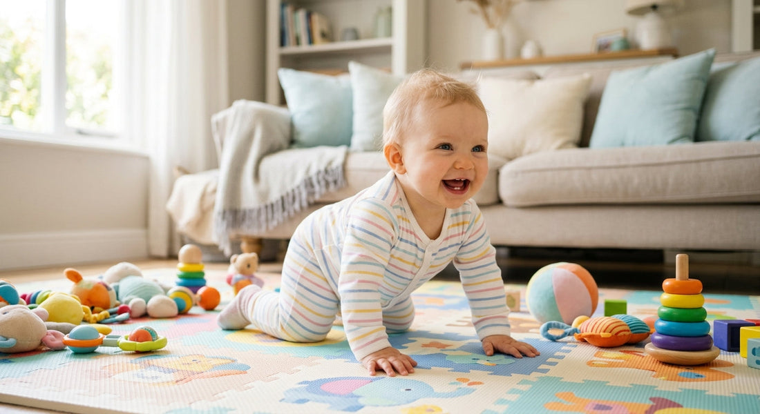 Bébé souriant a quatre pattes sur un tapis éveil dans un salon sécurisé | Securidou